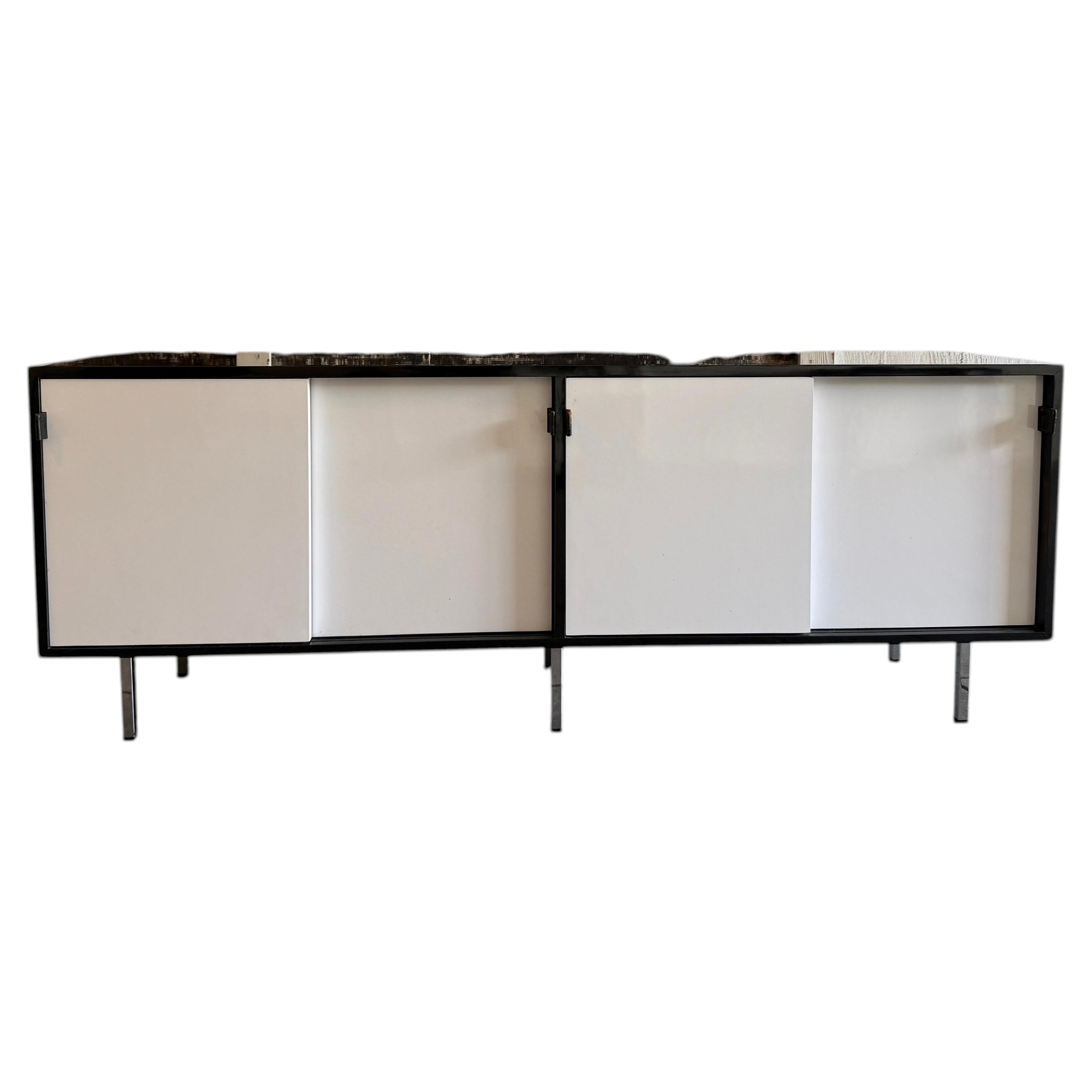 Mid century Florence Knoll Black & White Cabinet Credenza leather pulls For Sale