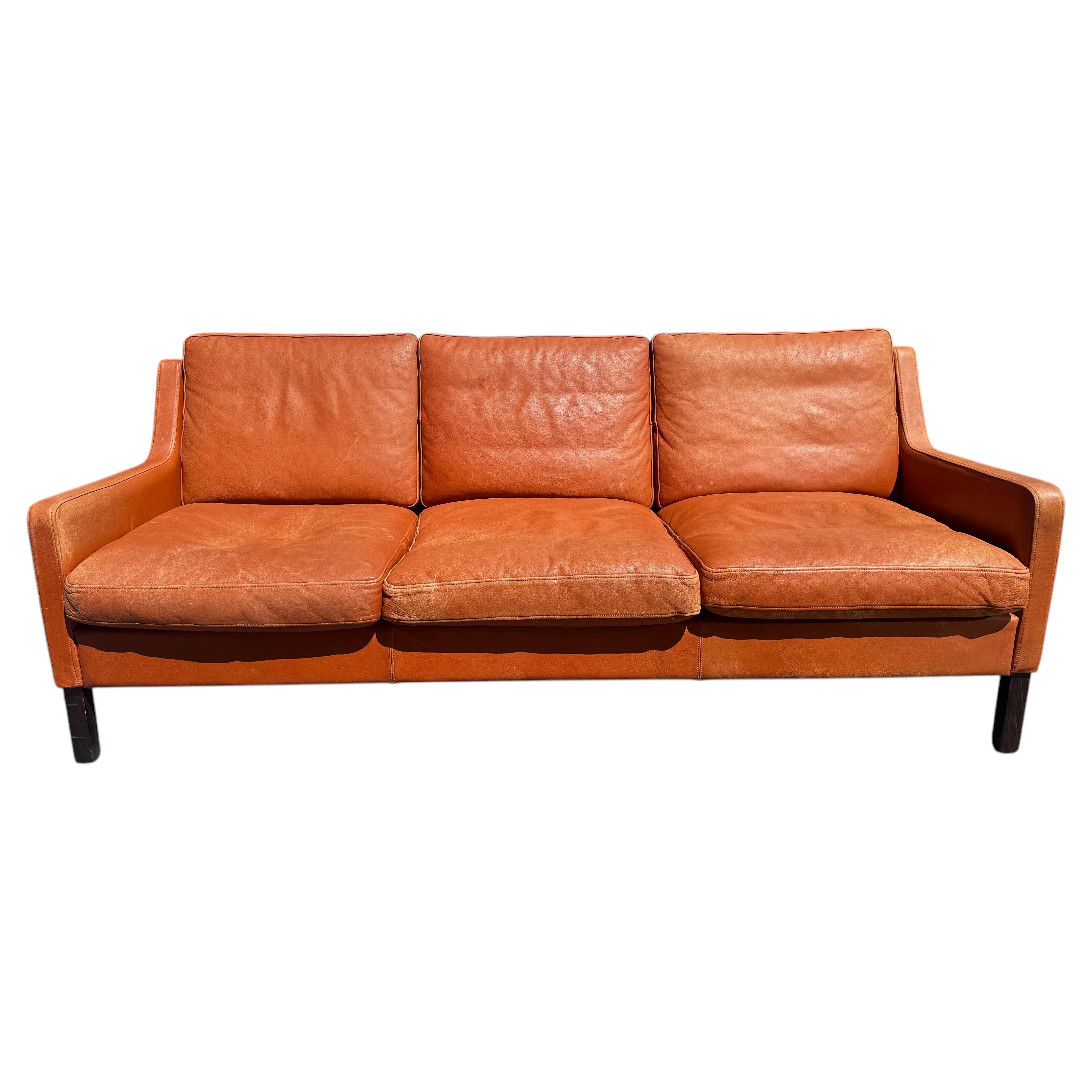 Mid Century Scandinavian Danish Modern cognac brown Leather sofa Patina