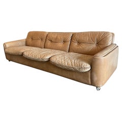 Mid Century Modern faded tan Leather 3 seat Sofa Sigurd Ressell Norway