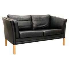 Mid century Danish Modern Low Curved Arm Black Leather 2 Seat Sofa oak Legs
