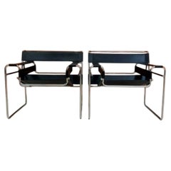 Pair of Vintage Mid Century Modern Black Leather Wassily Lounge Chairs for Knoll
