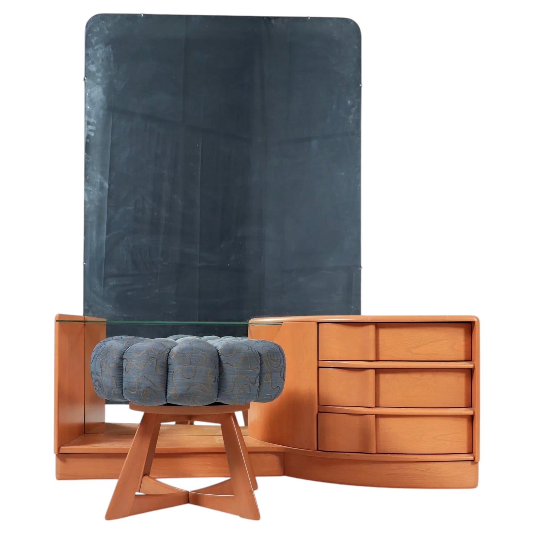 Waschtisch aus massivem Ahornholz im Mid-Century-Stil mit Hocker und Spiegel von Heywood Wakefield