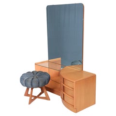 Waschtisch aus massivem Ahornholz im Mid-Century-Stil mit Hocker und Spiegel von Heywood Wakefield