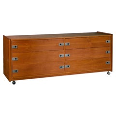 Commode en teck de style « Mid-Century » à 6 tiroirs, sur roulettes chromées et dotée de poignées en métal, 1970