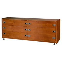 Teak Mid Century 6 drawer dresser on Chrome casters with metal handles 1970