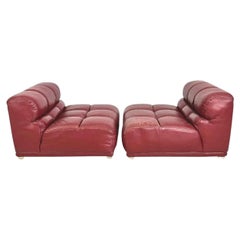 Pair low deep red leather slipper puffy lounge chair without arms Made in Italy