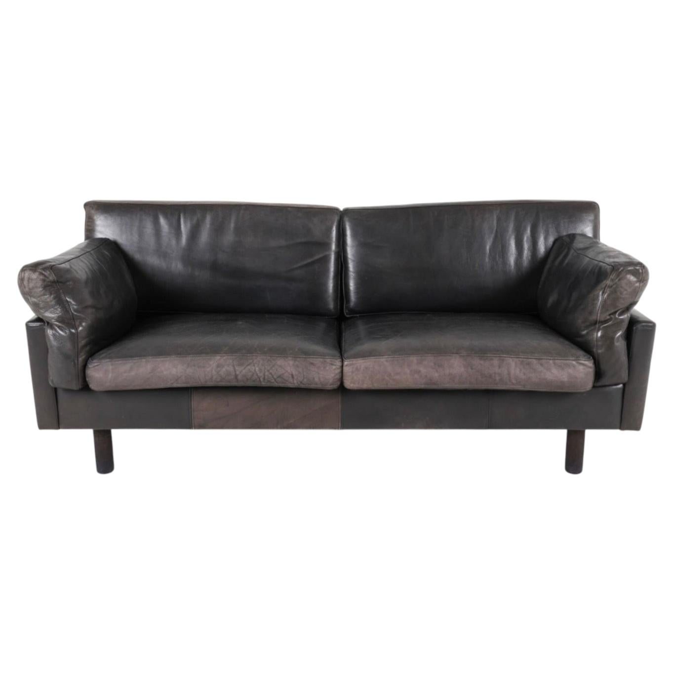 Mid Century Danish Modern black Leather 3 seat Sofa nice patina