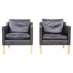Pair Danish Mid Century modern Black Leather Low Lounge chairs