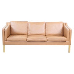Mid Century Danish Modern Beautiful Tan Leather 3 Seat Sofa wood Legs