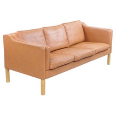 Mid Century Danish Modern Beautiful Tan Leather 3 Seat Sofa wood Legs