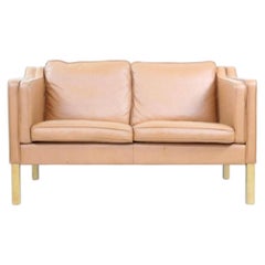 Mid Century Danish Modern Beautiful Tan Leather loveseat Sofa wood Legs