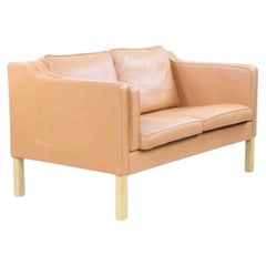 Mid Century Danish Modern Beautiful Tan Leather loveseat Sofa wood Legs