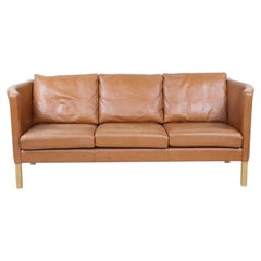 Mid Century Danish Modern Beautiful Cognac Leather 3 Seat Sofa wood Legs