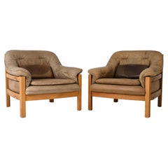 Mid Century Brutalist oak Tan Leather lounge chairs by Hain & Thome Germany