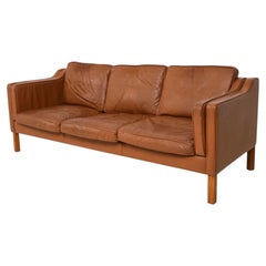 Mid Century Danish Modern Beautiful Cognac Brown Leather 3 Seat Sofa Nice Patina