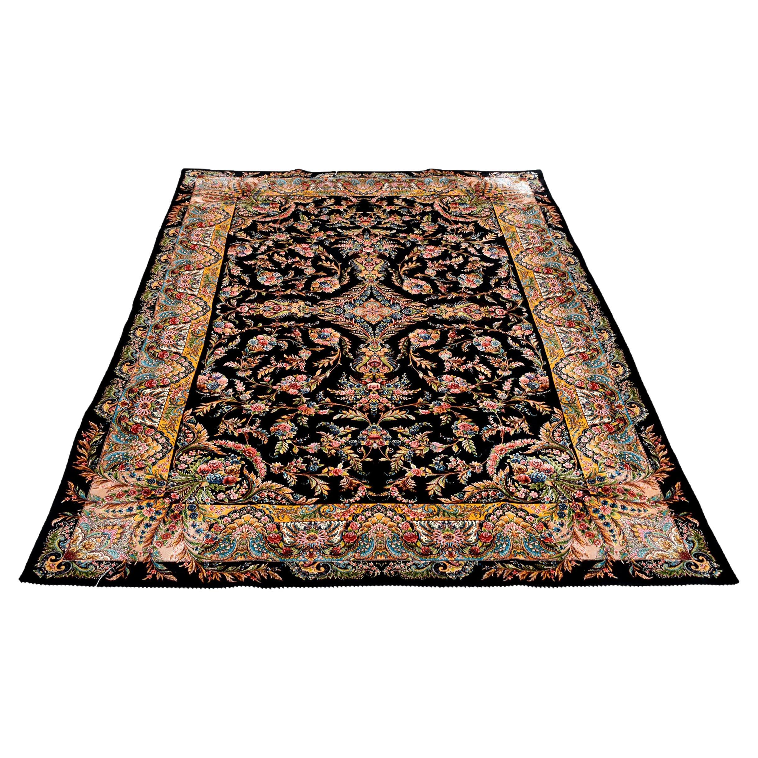 Tapis en soie naturelle de style Kashan à fleurs noires, 5x7.5 - en stock en vente
