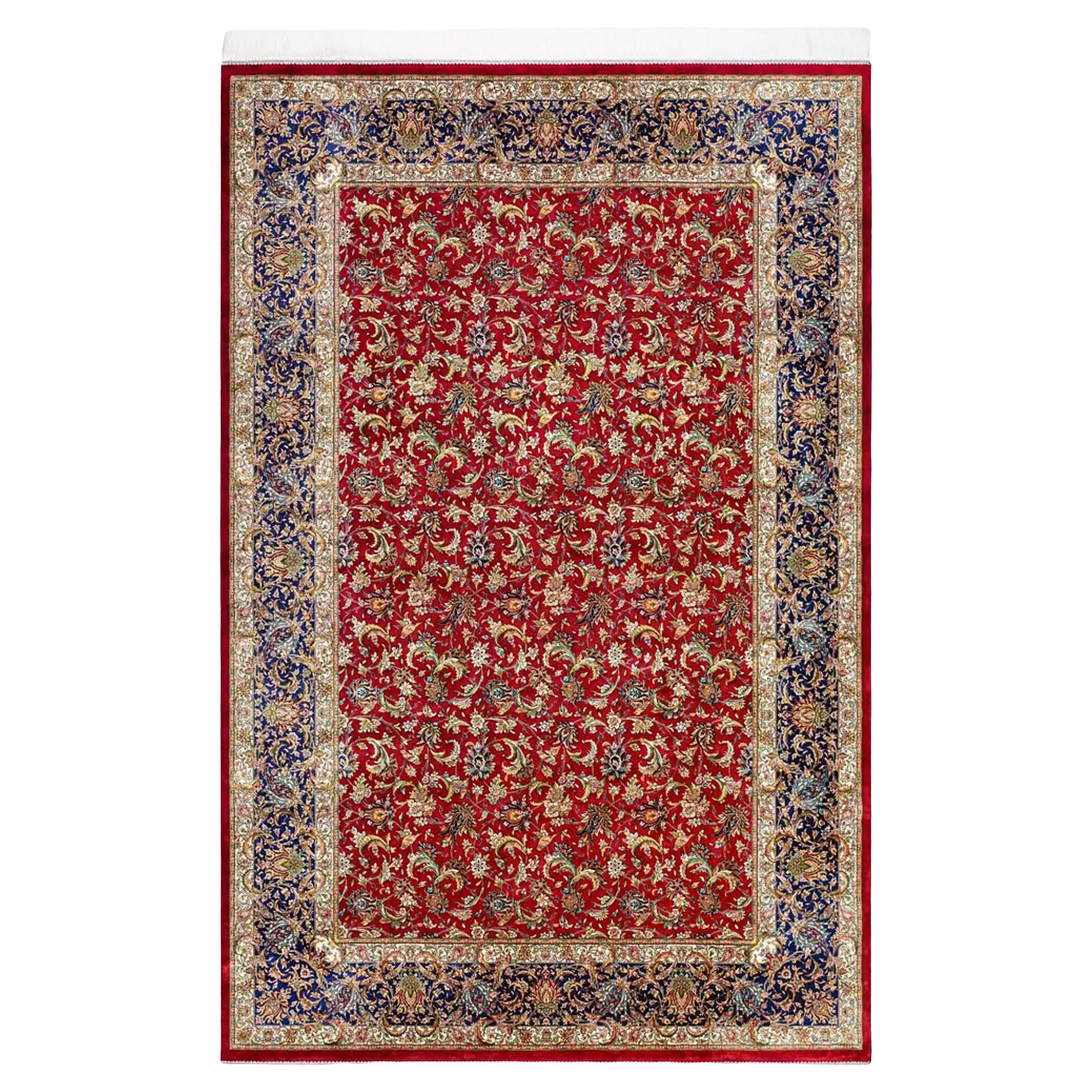 Marineblaue und goldene Jagdszene Persischer Teppich aus reiner Seide, iranische Handwerkskunst, 0046 im Angebot