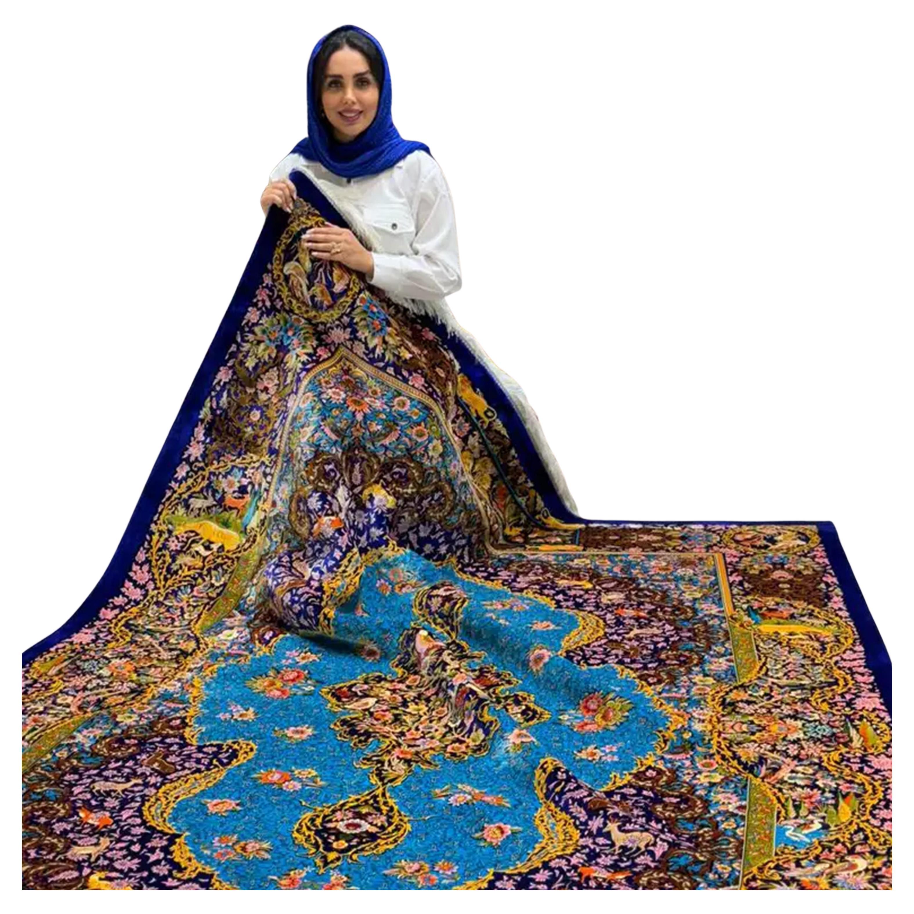 Alfombra Persa de Seda Pura Jardín Turquesa, Artesanía Iraní, 0055