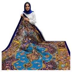 Türkisfarbener Garten Persischer Teppich aus reiner Seide, iranische Handwerkskunst, 0055