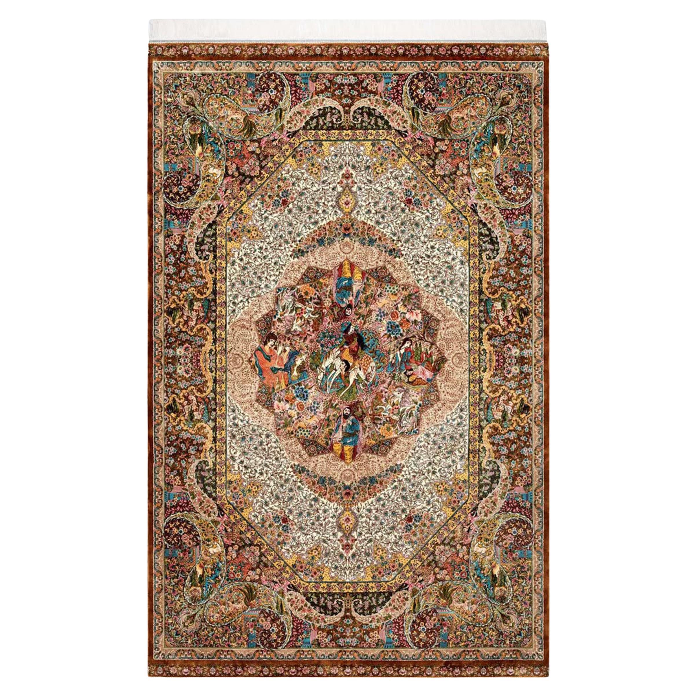 Signed Persian Silk Rug in Safavid Style with Garden Party Scene, 0060