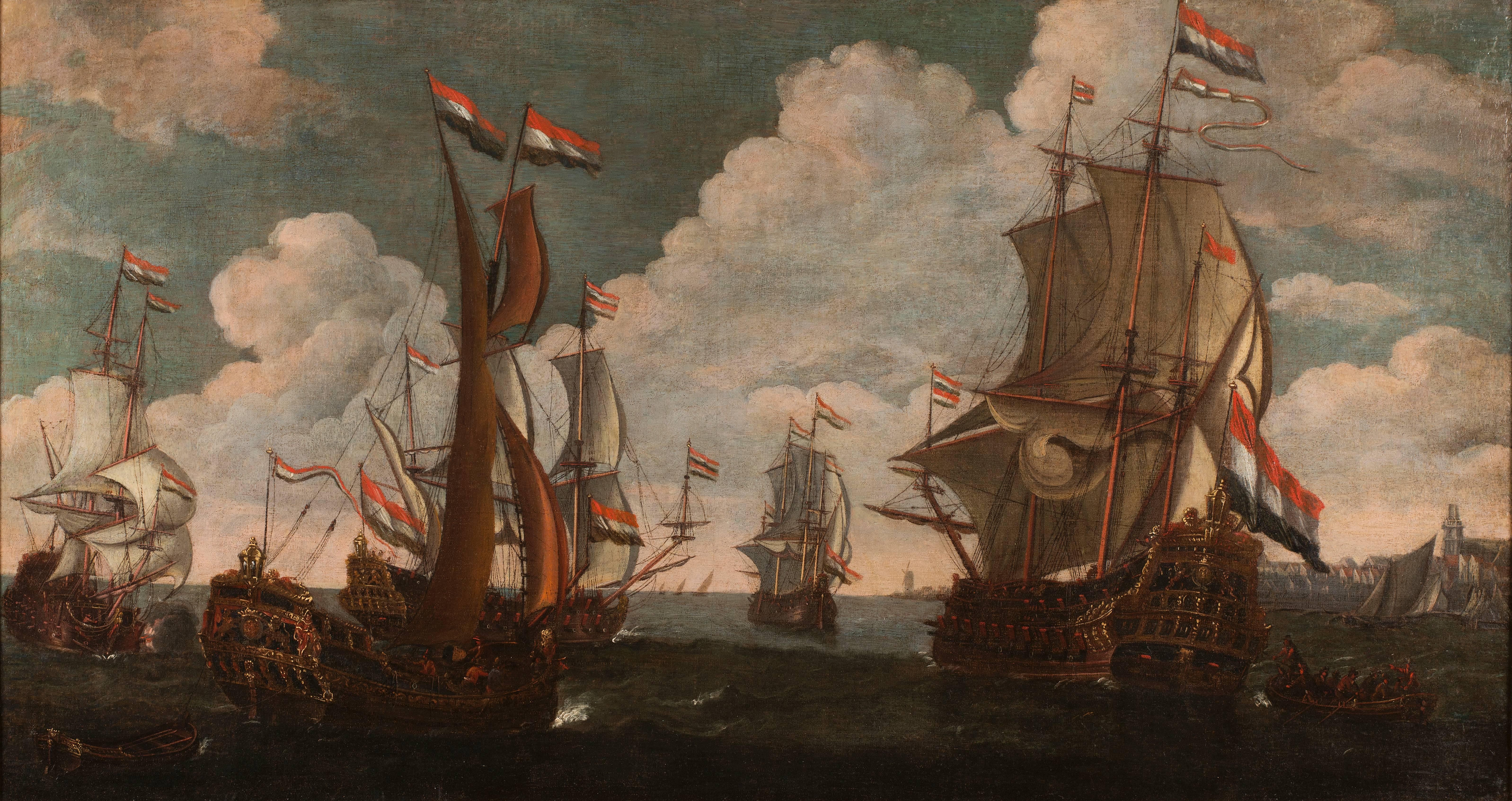 For sale on 1stdibs a 17th Century old masters oil on Canvas marine attributed to Van de Velde. Willem Van de Vende, the Younger (1633-1707) was a Dutch Marine painter son of Willem van de Velde the Elder, also a painter of sea-pieces, Willem van de