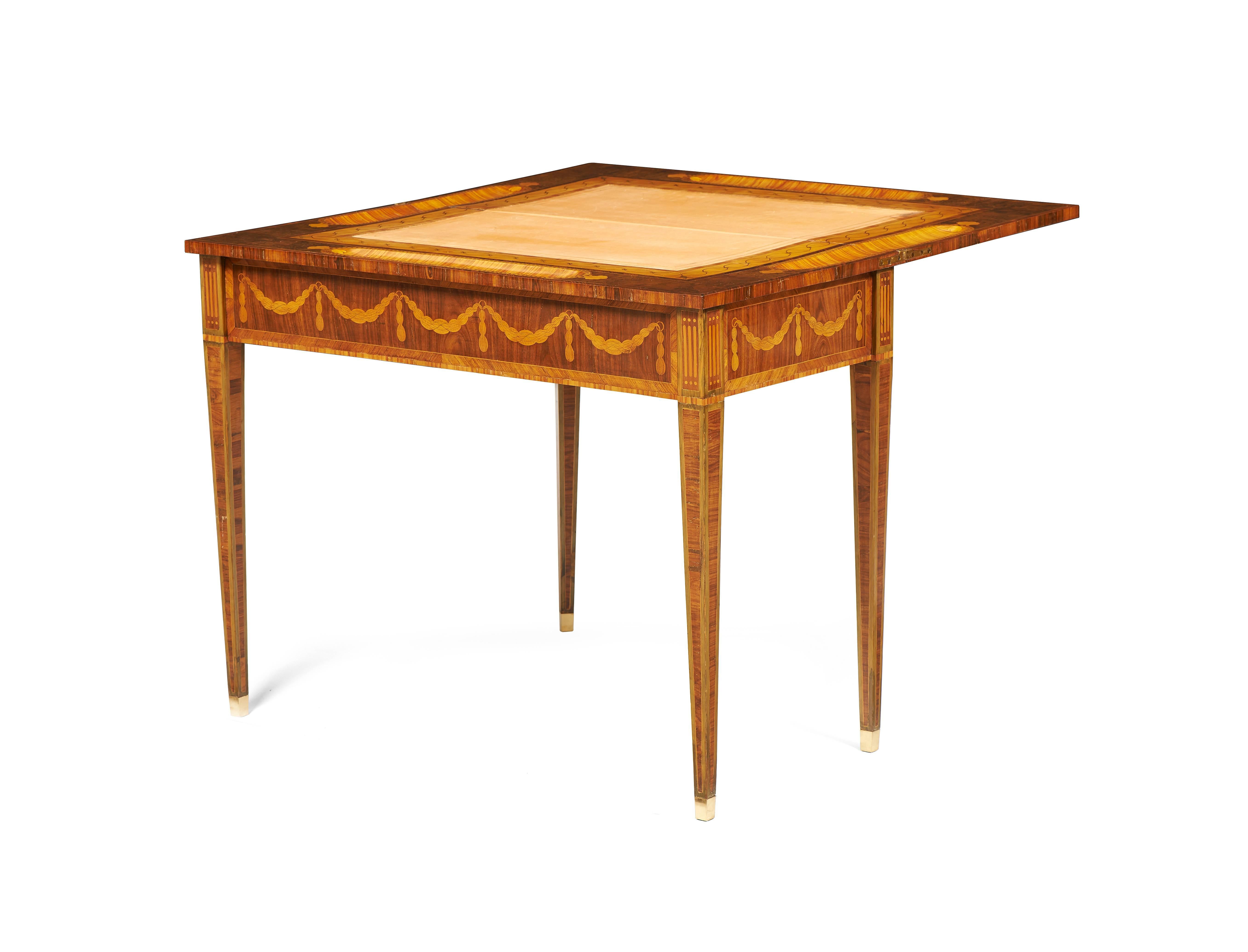 For sale on 1stdibs an 18th Century Neoclassical Russian Games Table  on rosewood with the finest marquetry quality: burr walnut, box wood and satin wood inlaid's circa 1785. On the four sides there is a notch designed for gambling chips finished