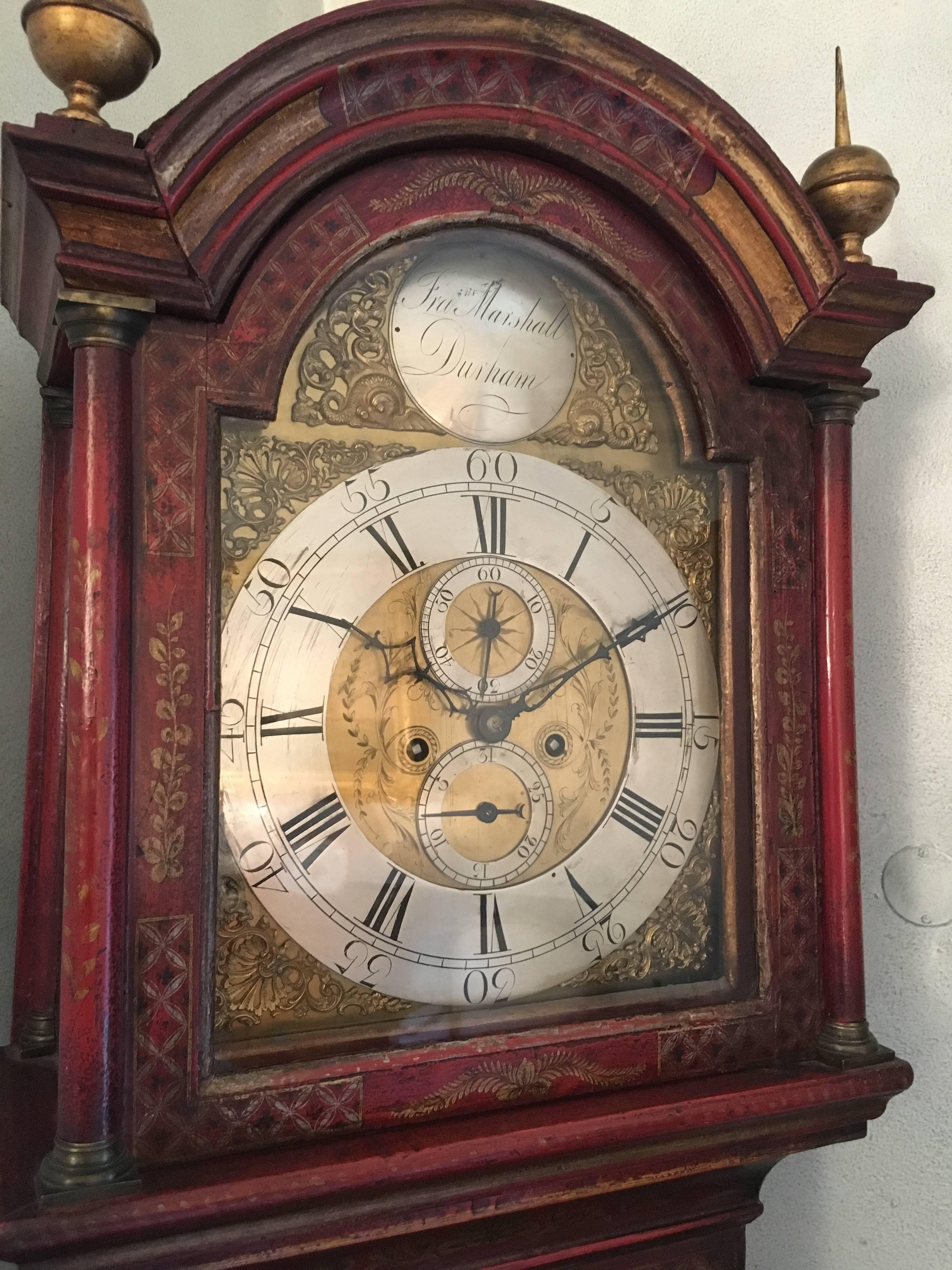 Lacquered English Grandfather Clock with Red Chinoiserie Motifs, 18th Century For Sale