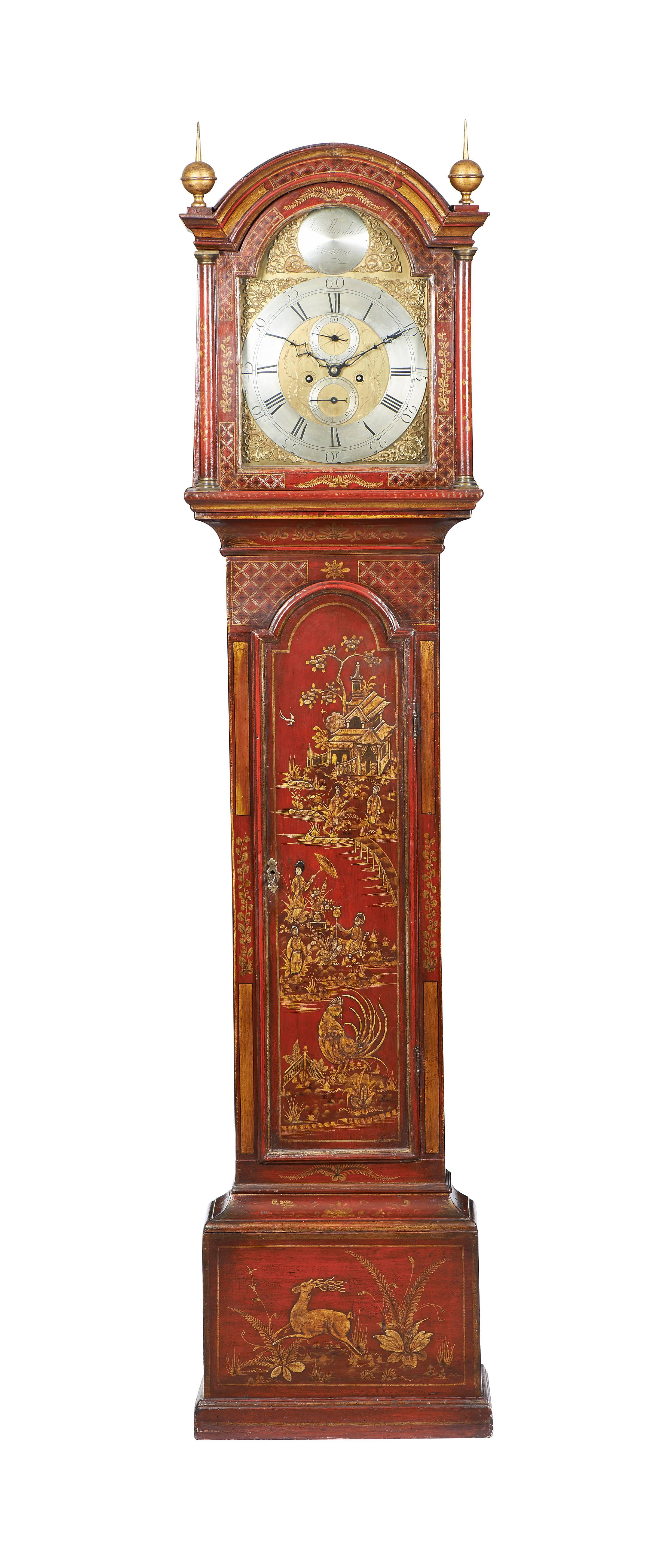 English Grandfather Clock with Red Chinoiserie Motifs from the 18th Century. This George III longcase clock has a 12 inch domed dial with gilt spandrels, a silverised face with Roman numerals with circular plaque marked Francis Marshall, Durham
