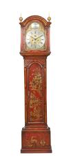 English Grandfather Clock with Red Chinoiserie Motifs, 18th Century