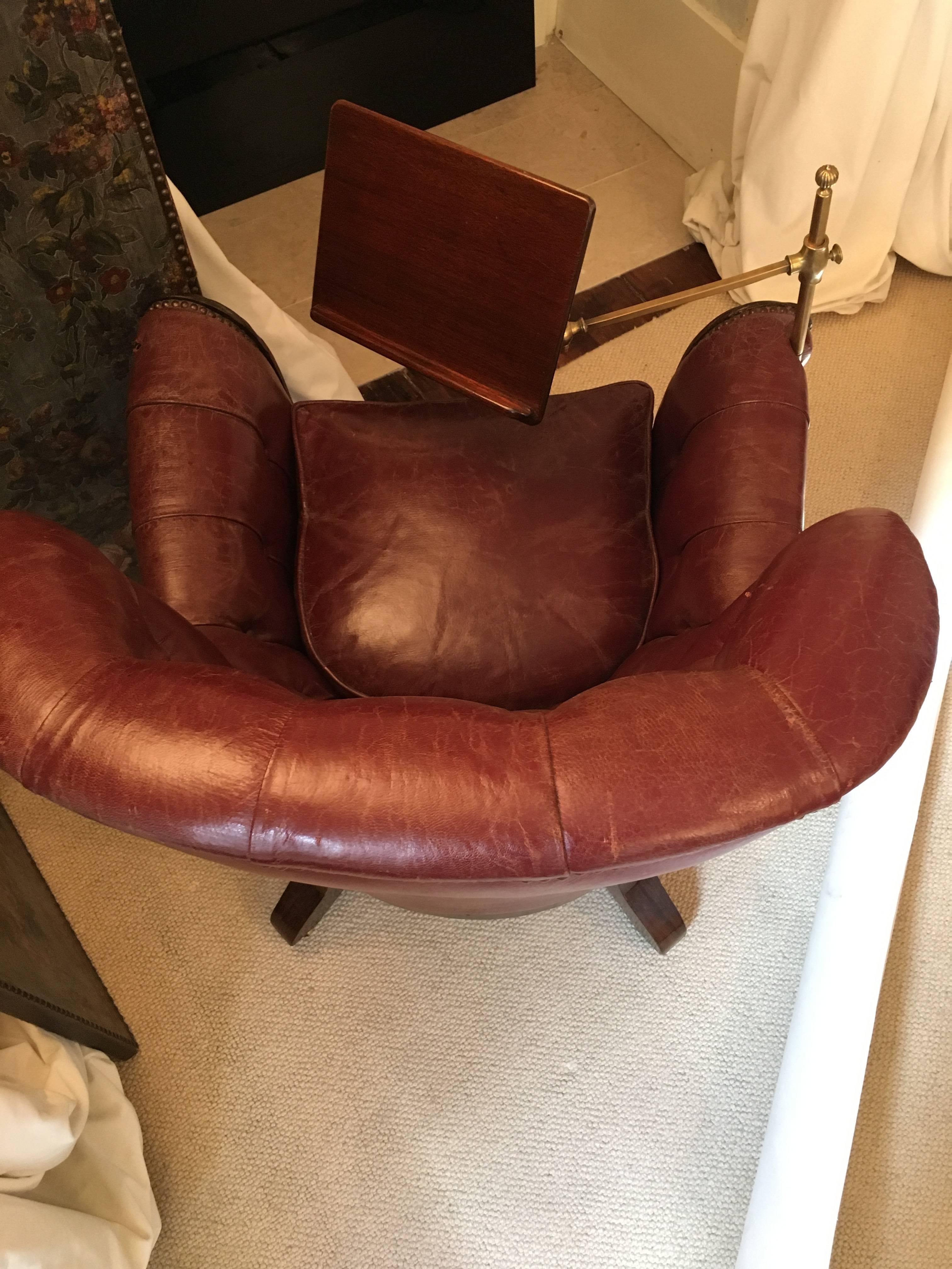 Polished 19th Century Rosewood English Reading Armchair with Rouge Original Leather For Sale