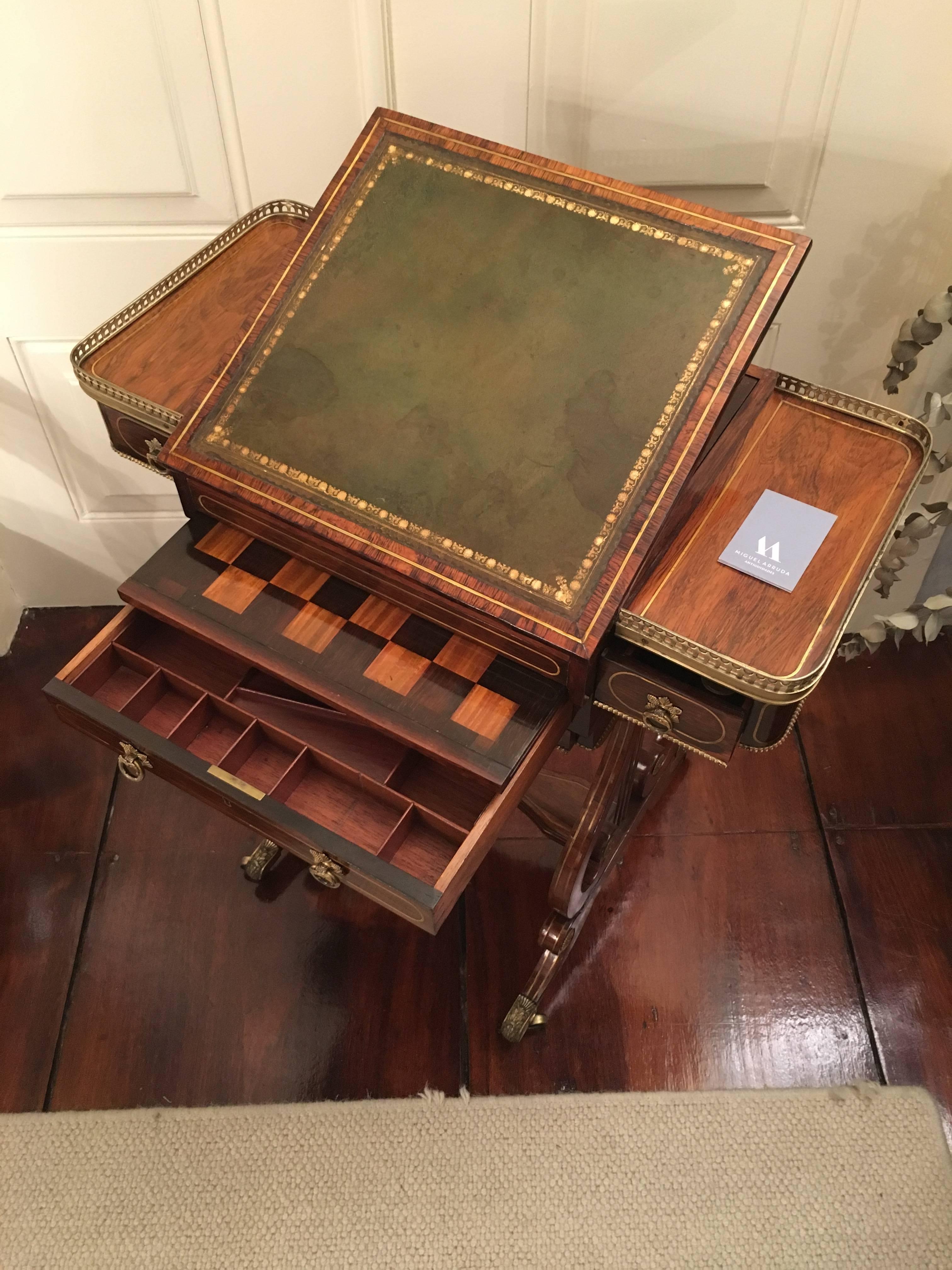Polished Regency Brass-Mounted and Inlaid Rosewood Writing and Games Table For Sale