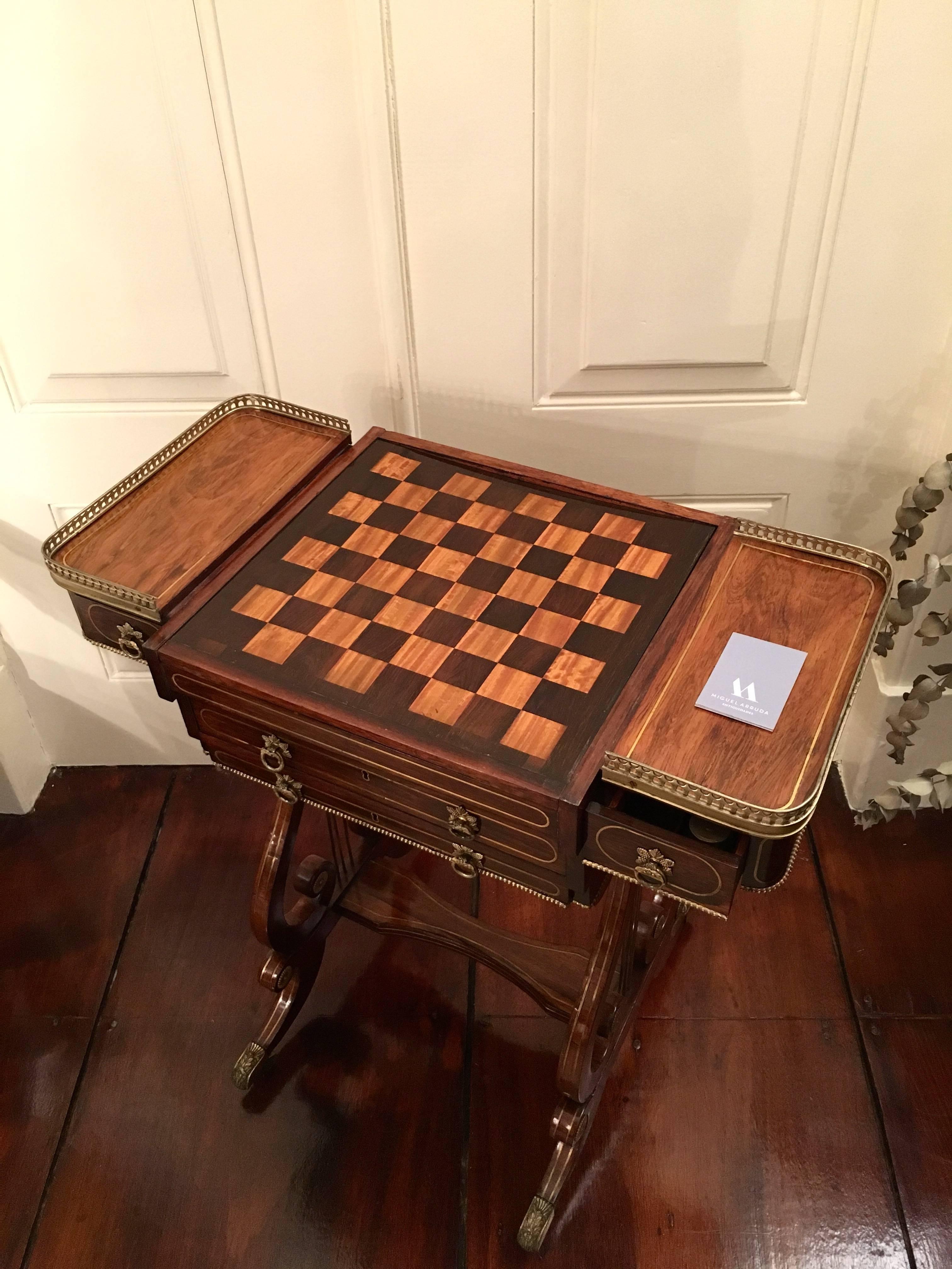 Regency Brass-Mounted and Inlaid Rosewood Writing and Games Table For Sale 1