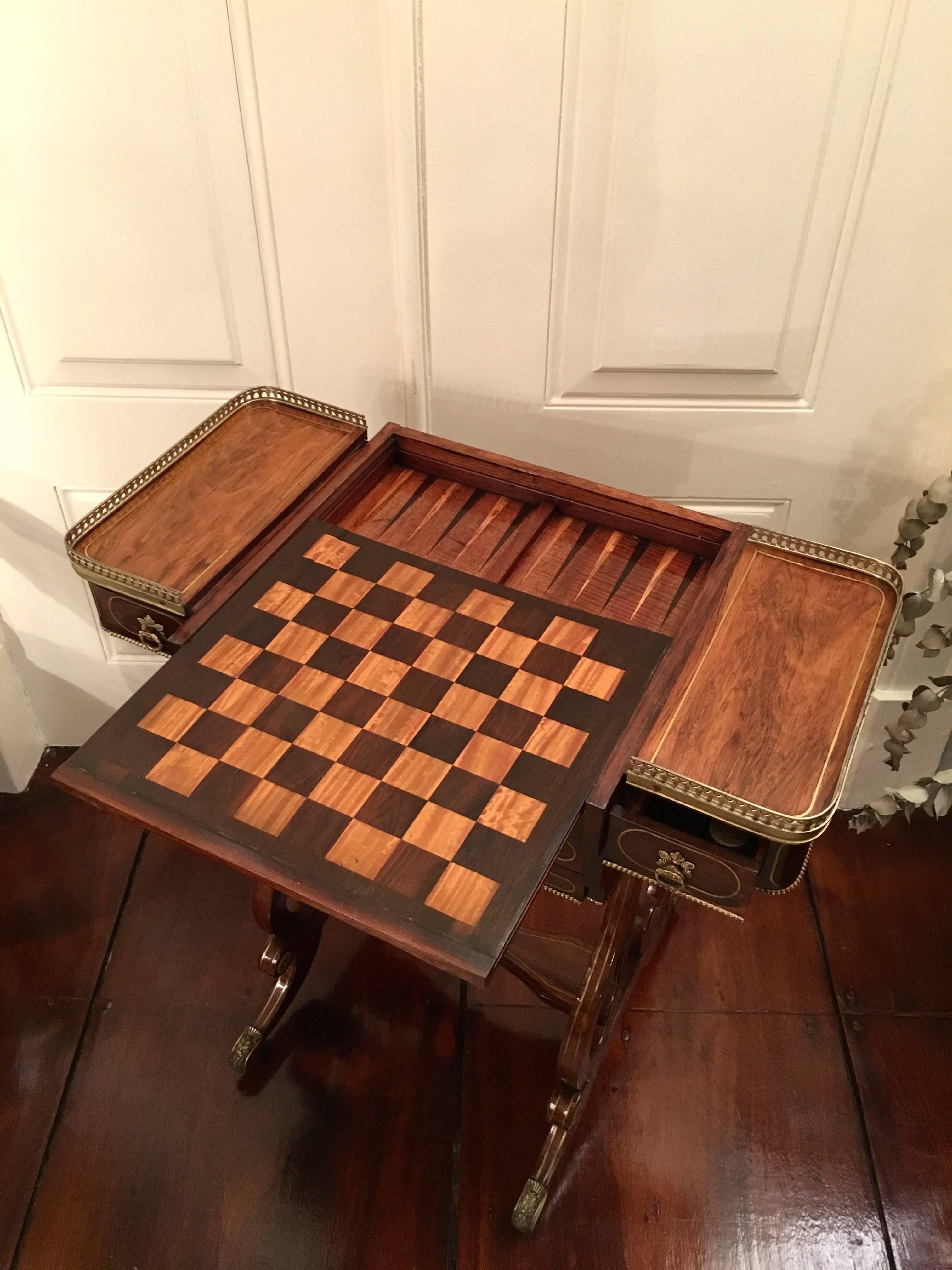 Regency Brass-Mounted and Inlaid Rosewood Writing and Games Table For Sale 2