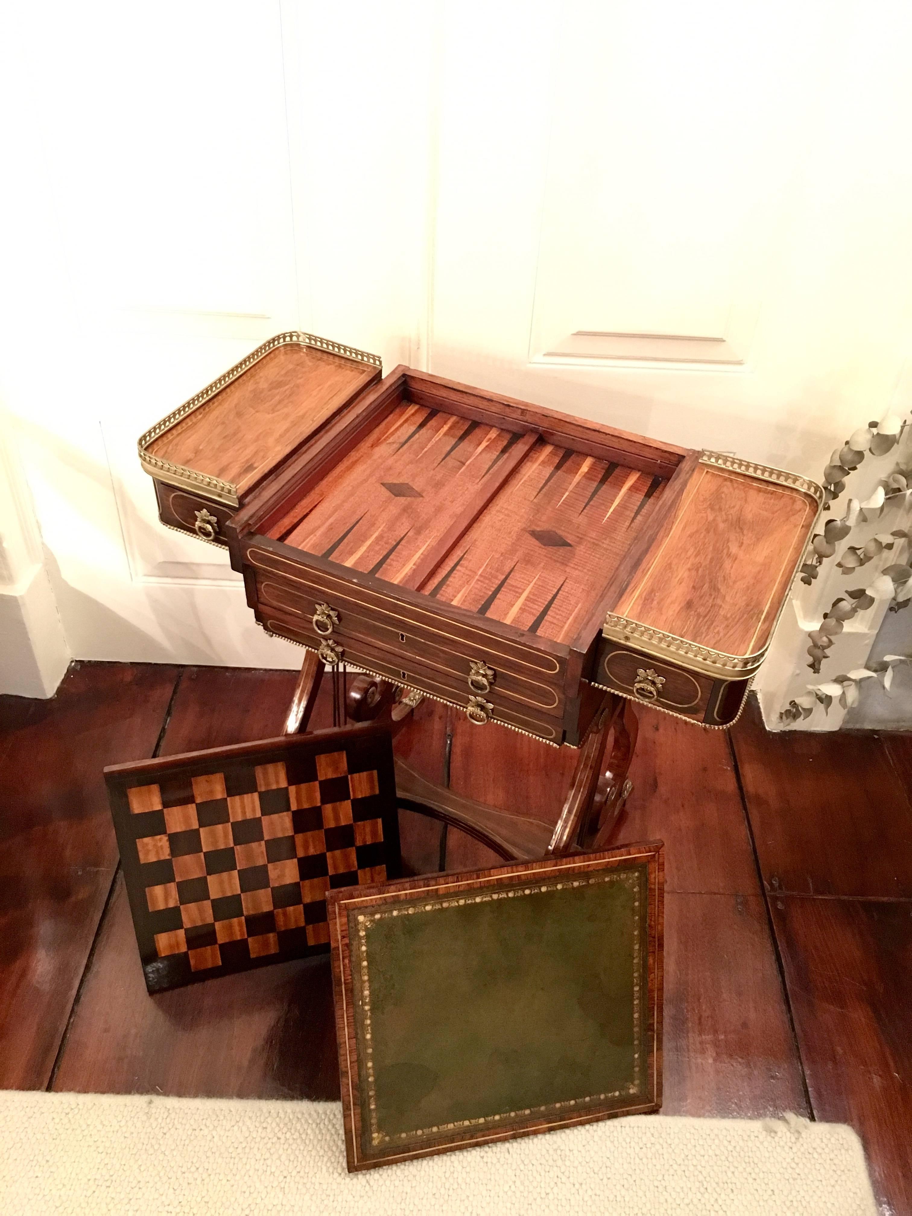 Regency Brass-Mounted and Inlaid Rosewood Writing and Games Table For Sale 4