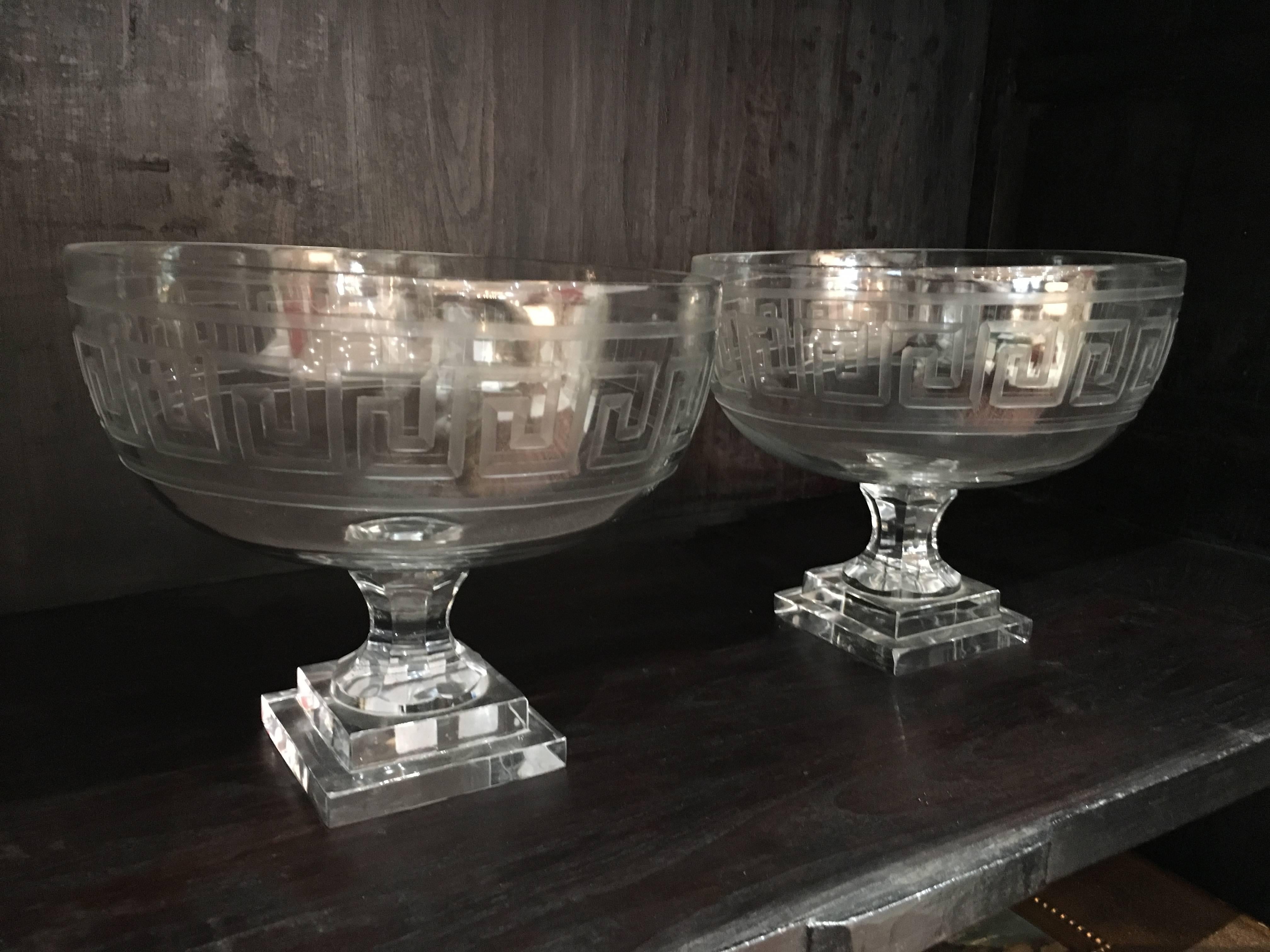 Mid-20th Century Pair of French Crystal Bowls with Pedestal Decorated with Neoclassical Motifs For Sale