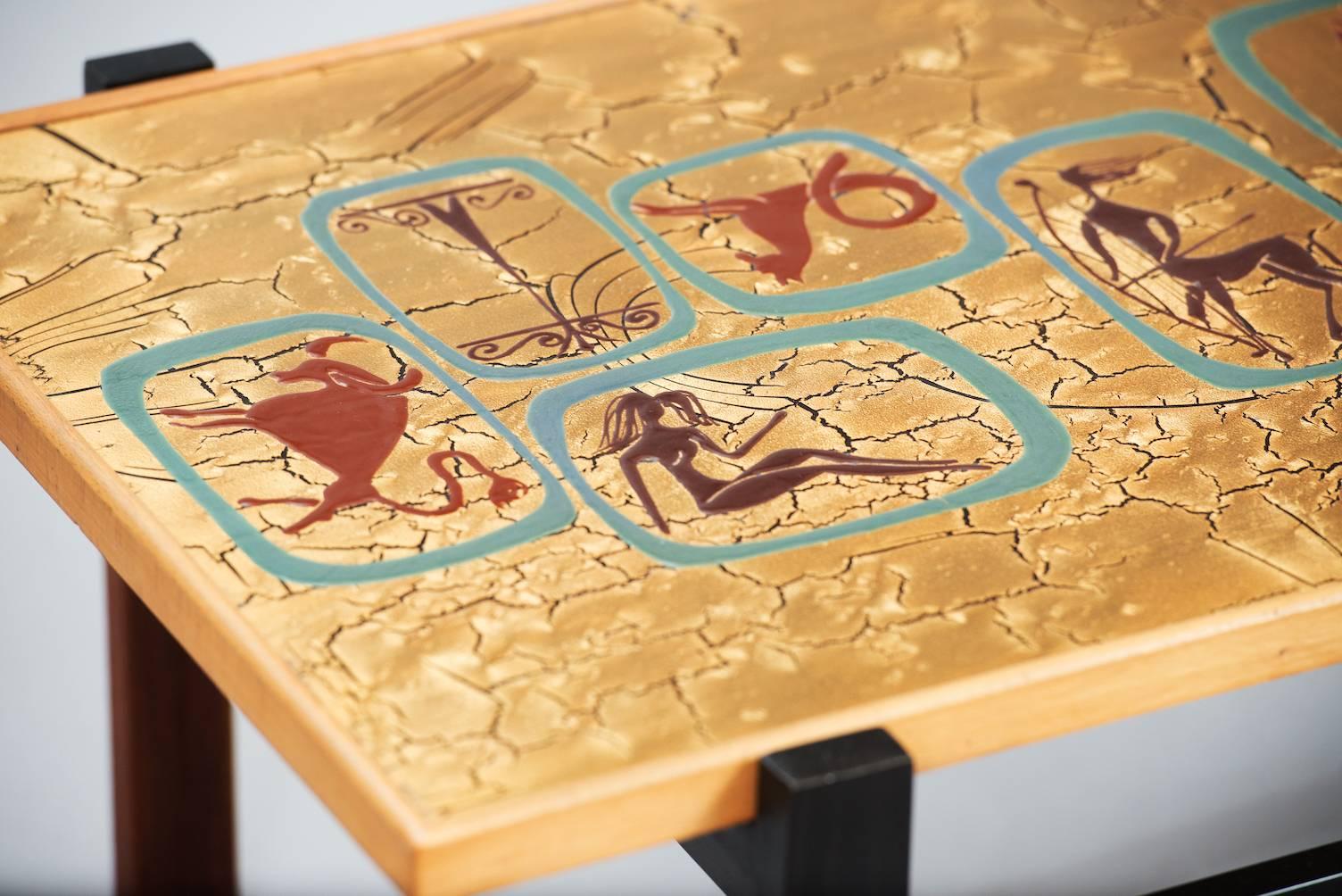 Mid-Century Modern Enameled Top Coffee Table with zodiac signs on top