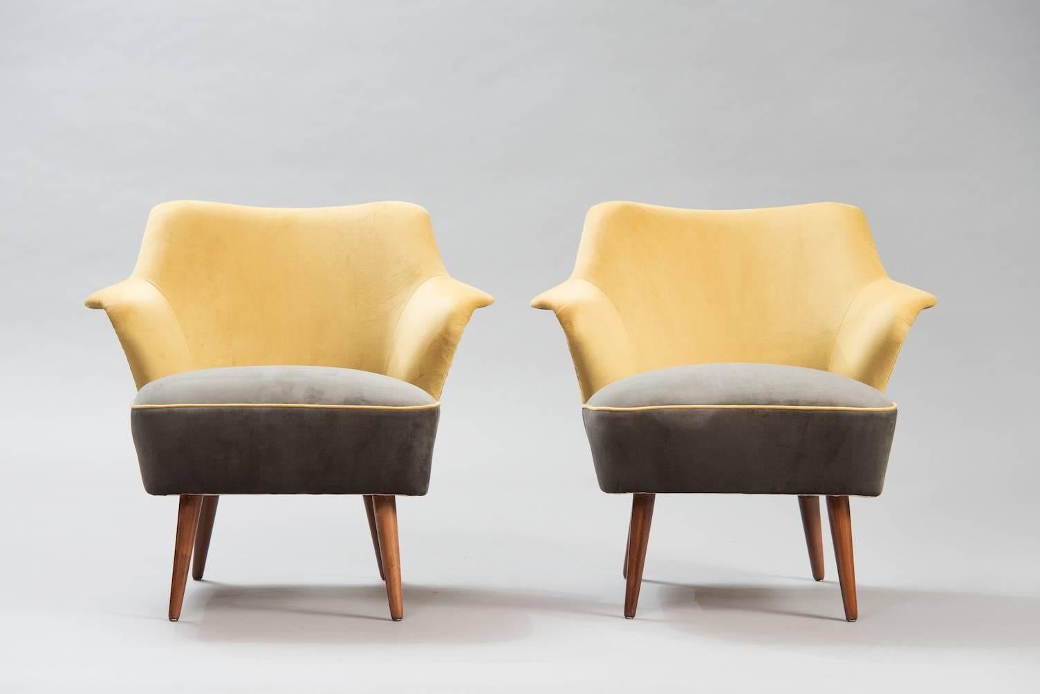 Pair of armchairs reupholstered in yellow and grey velvet.