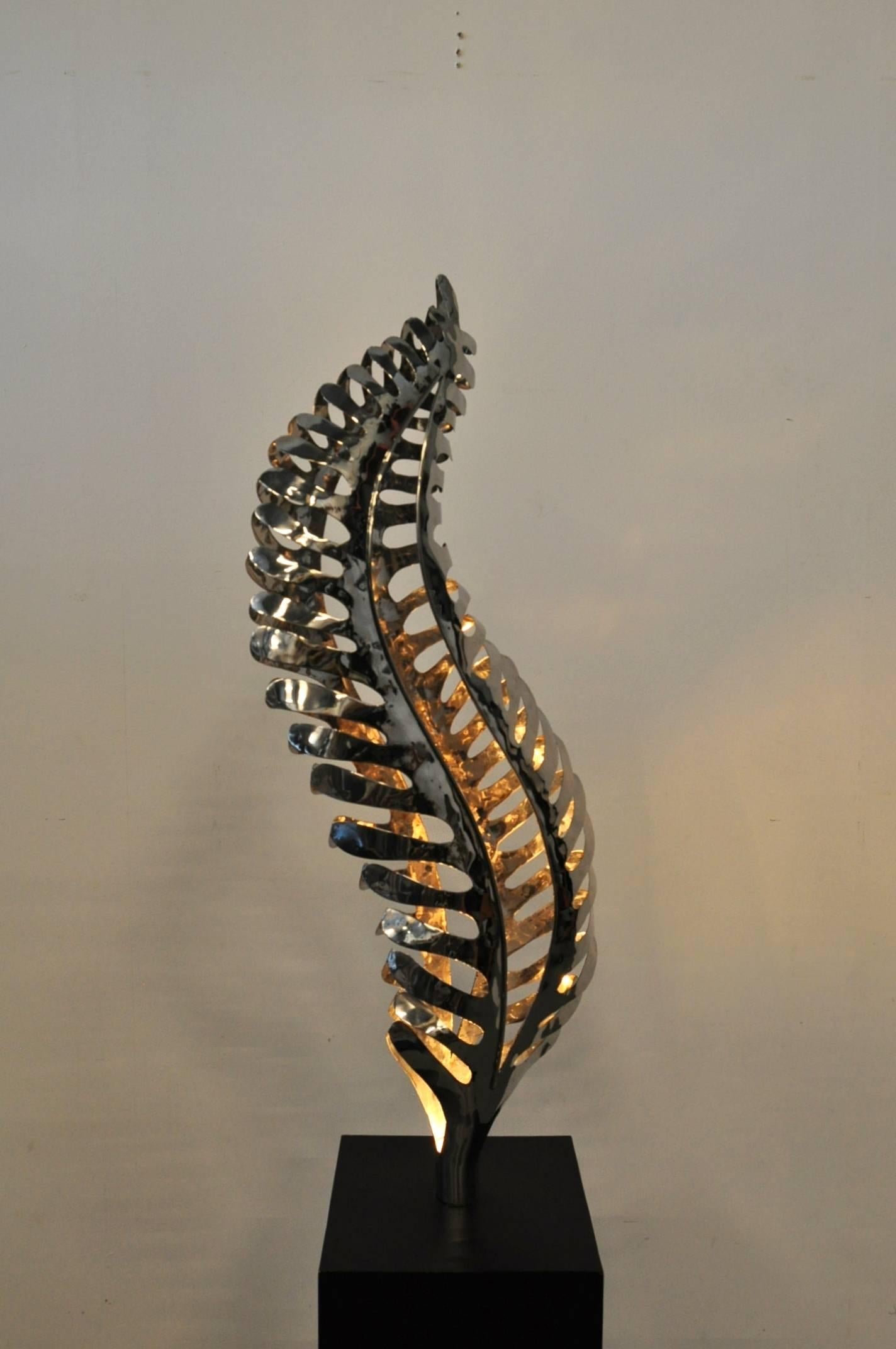 Dutch Chrome Metal Sculpture with Light, Netherlands, circa 1980 For Sale