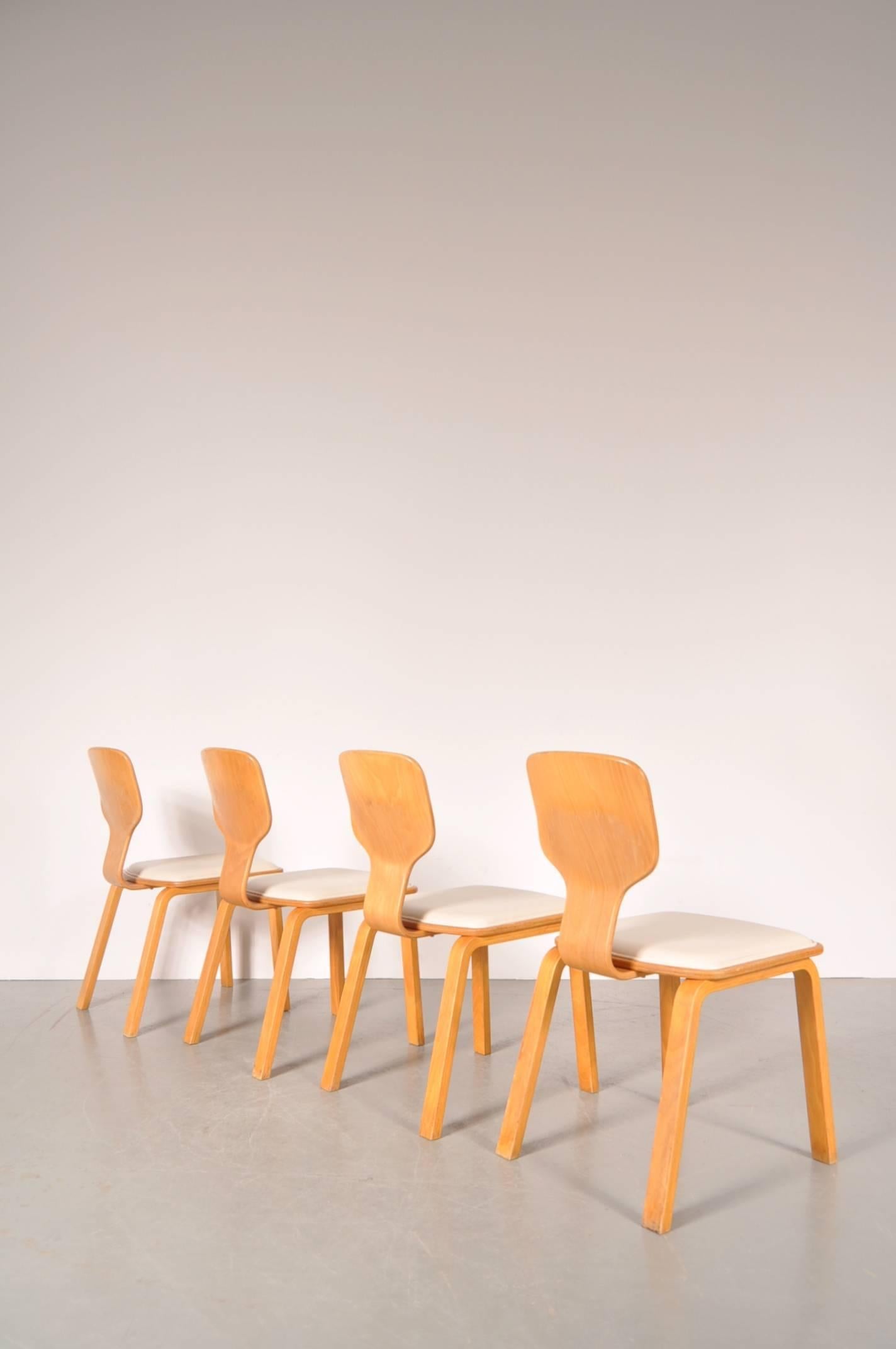 Iconic set of four dining chairs, model T-0635B, designed by Katsuo Matsumura, manufactured by Tendo in Japan in 1982.

Matsumura created this chair passionately hoping it would become a design that wasn’t influenced by fads. He wanted to design a