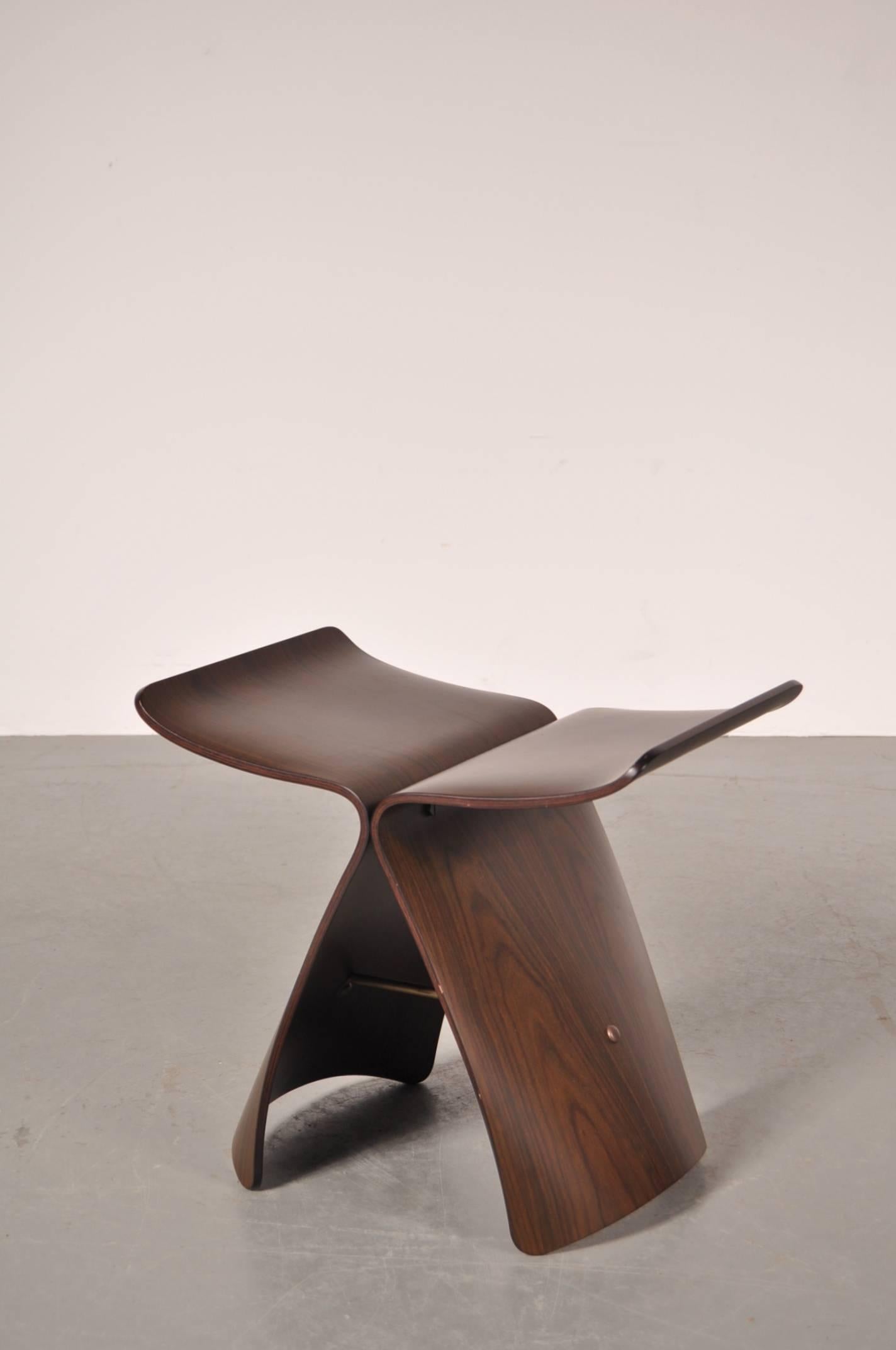 Rare butterfly stool designed by Sori Yanagi, manufactured by Tendo in Japan in 1956.

As it’s name implies, this stool has the graceful looks of a butterfly flying through the air. The Butterfly stool was first introduced at the Yanagi Sori