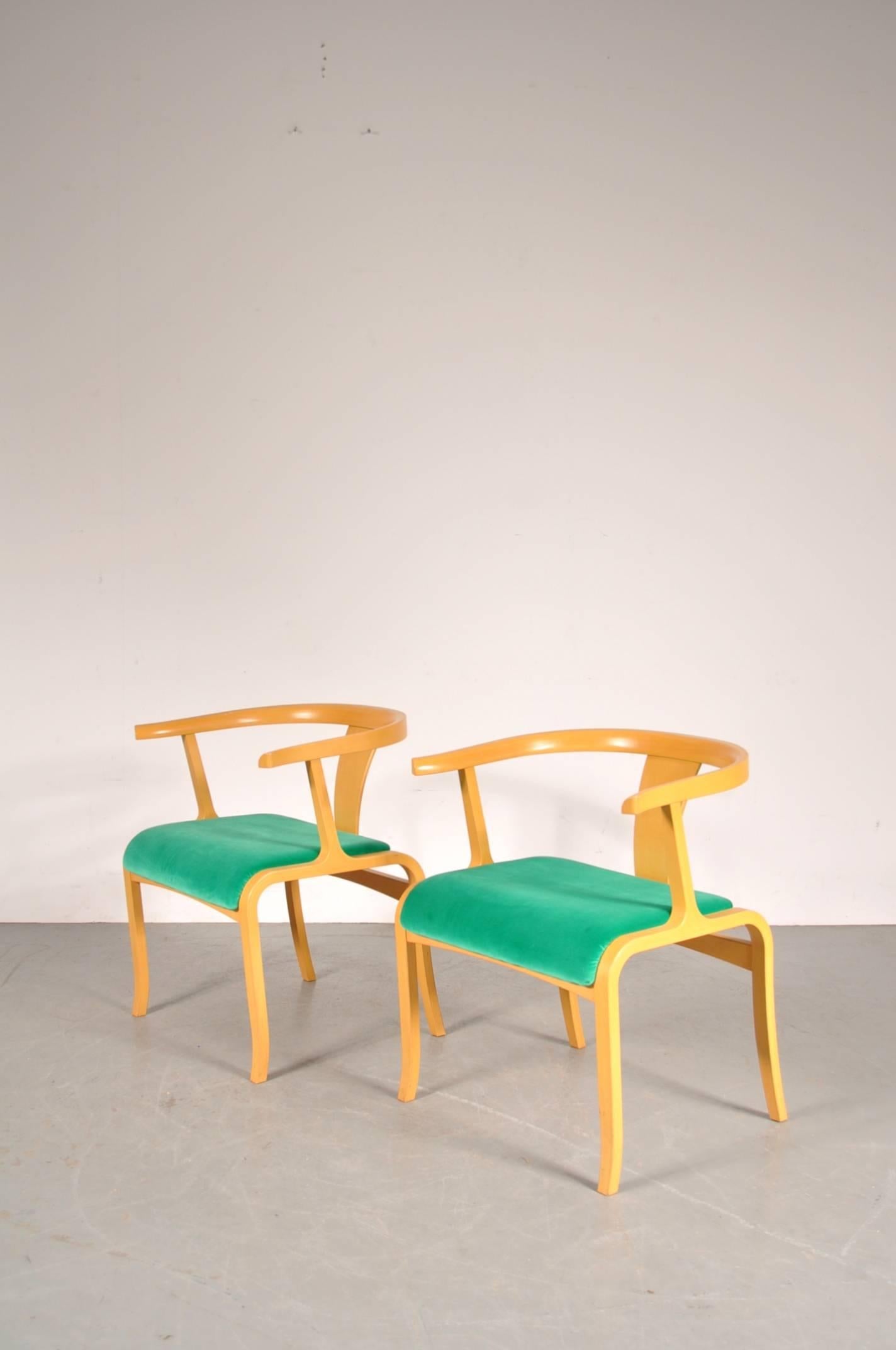 Rare desk  or side chair, attributed to Toshiyuki Kita, manufactured by Tendo Mokko in Japan, circa 1960.

These eye-catching chairs are made from beautiful quality birch plywood with a new green velvet upholstery, giving them an eye-catching