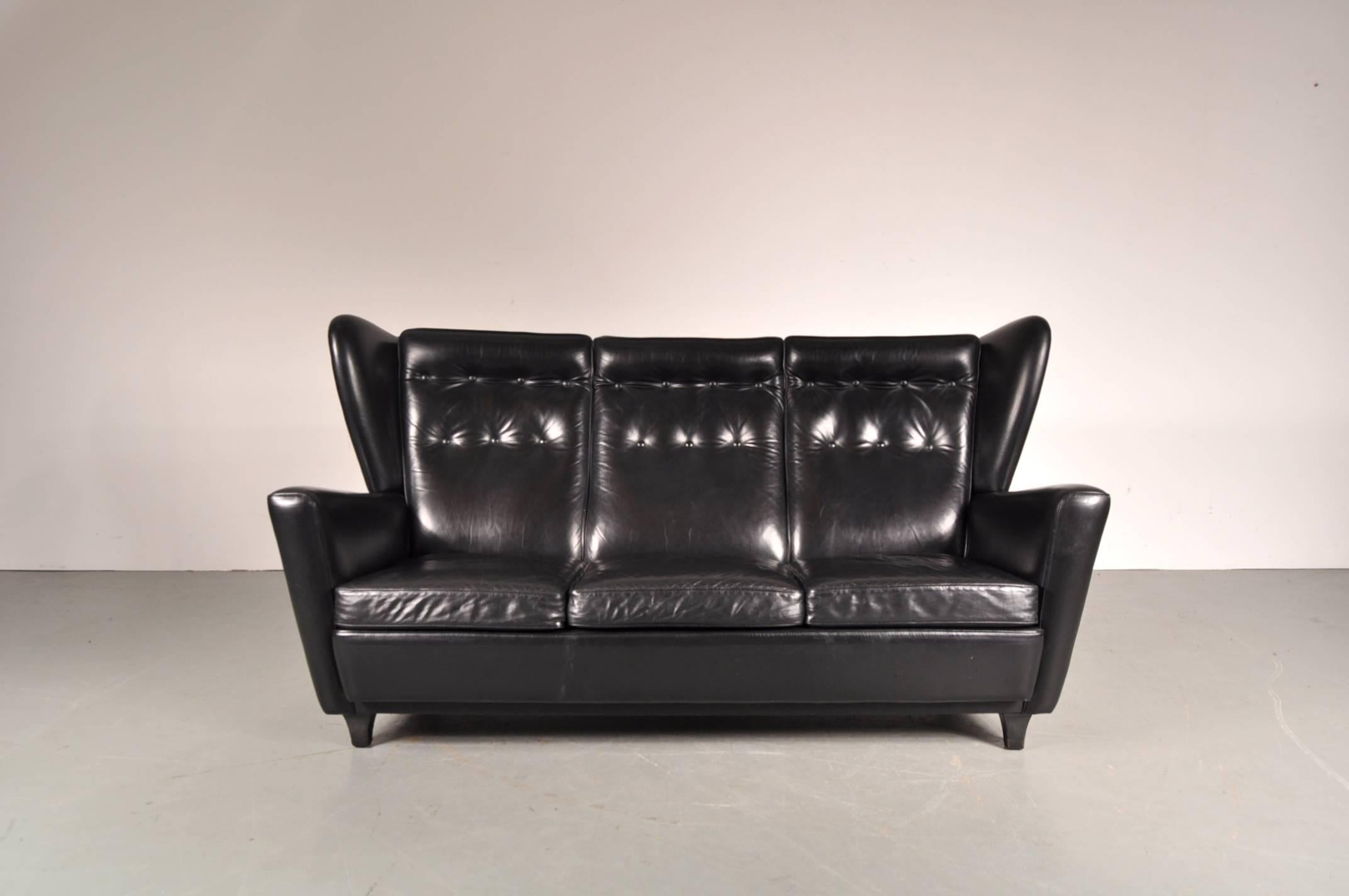 Mid-Century Modern Black Leather Wingback Sofa by Howard Keith, Uk, circa 1960s