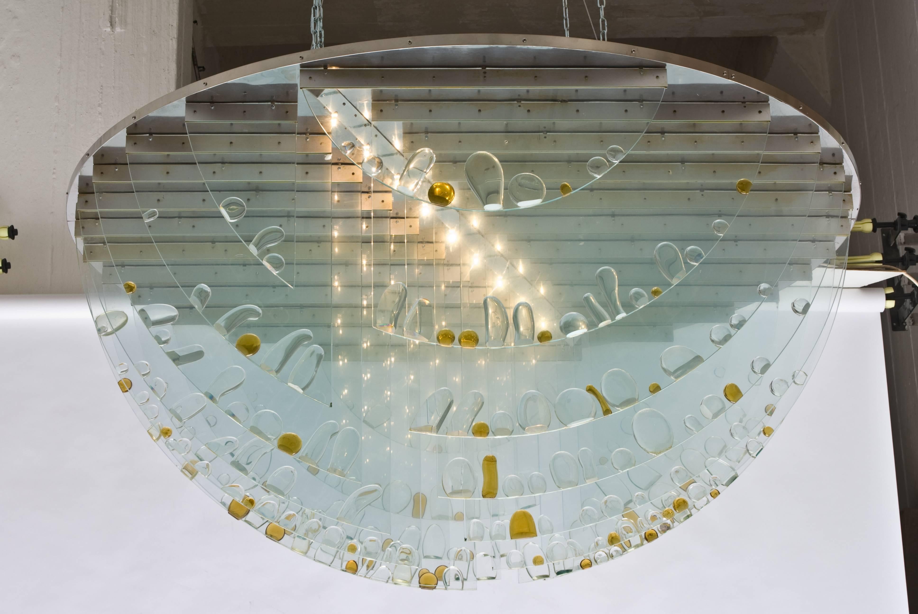 Exceptional very large ceiling light designed by Rene Roubicek for Hotel International Brno in the Czech Republic, circa 1960.

This unique lamp comes from the famous Hotel International Brno, which is one of the most important and best preserved