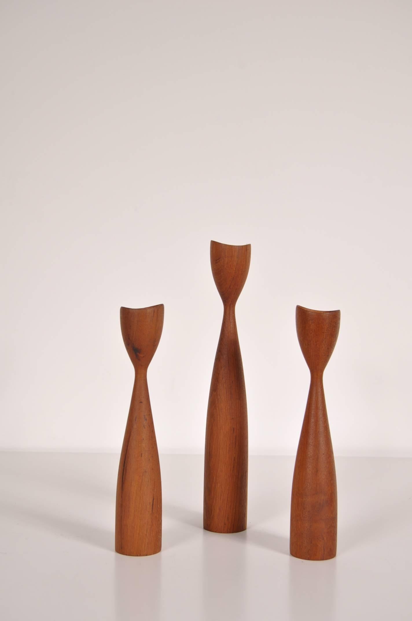 Teak Set of Three Candle Holders in the Style of Rude Osolnik, Denmark, circa 1950