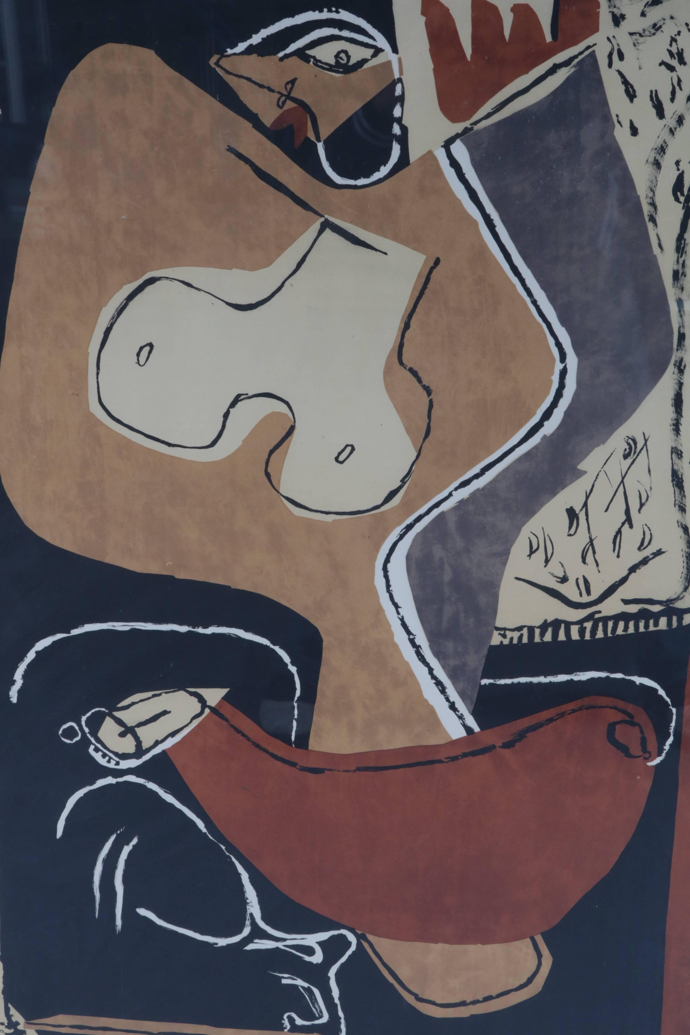 A beautiful, rare lithograph by Le Corbusier, printed by Mourlot in Paris, France 1954.

This artpiece is named Femme a la Main Levee meaning Woman with the raised hand Informally, this is also used for something being a first draft, possibly