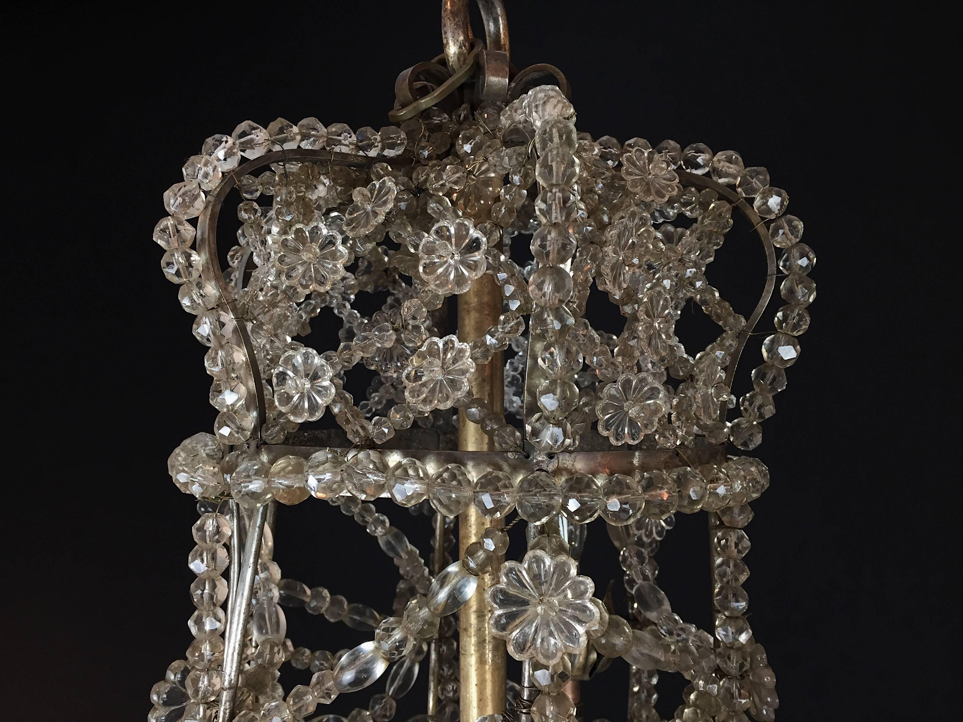19th Century Unusual Silvered Baguès Crystal Beaded Chandelier For Sale
