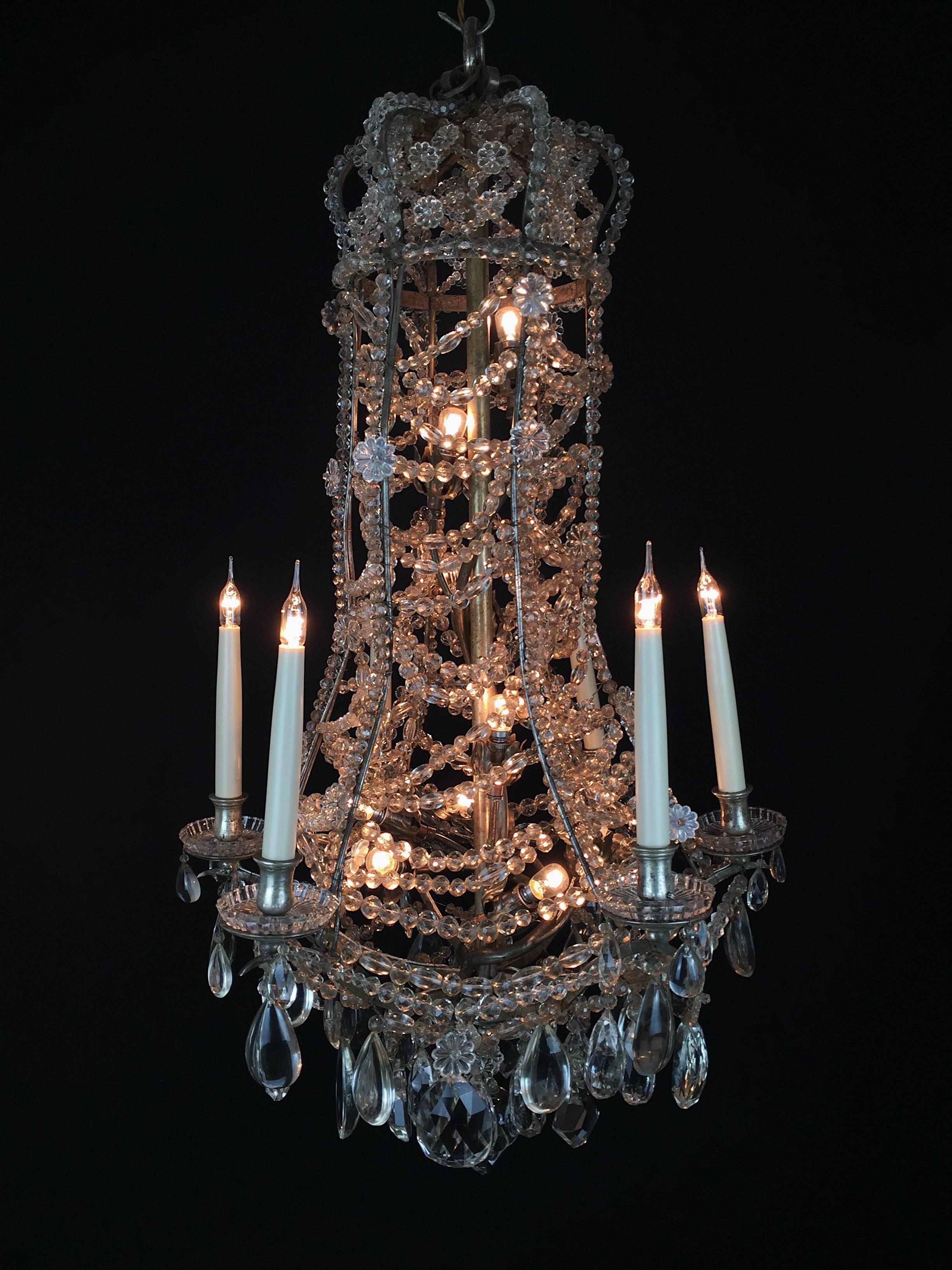 French Unusual Silvered Baguès Crystal Beaded Chandelier For Sale