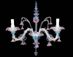Pair of Venetian Clear, Pink and Blue Colored Glass Twin Branch Wall Light