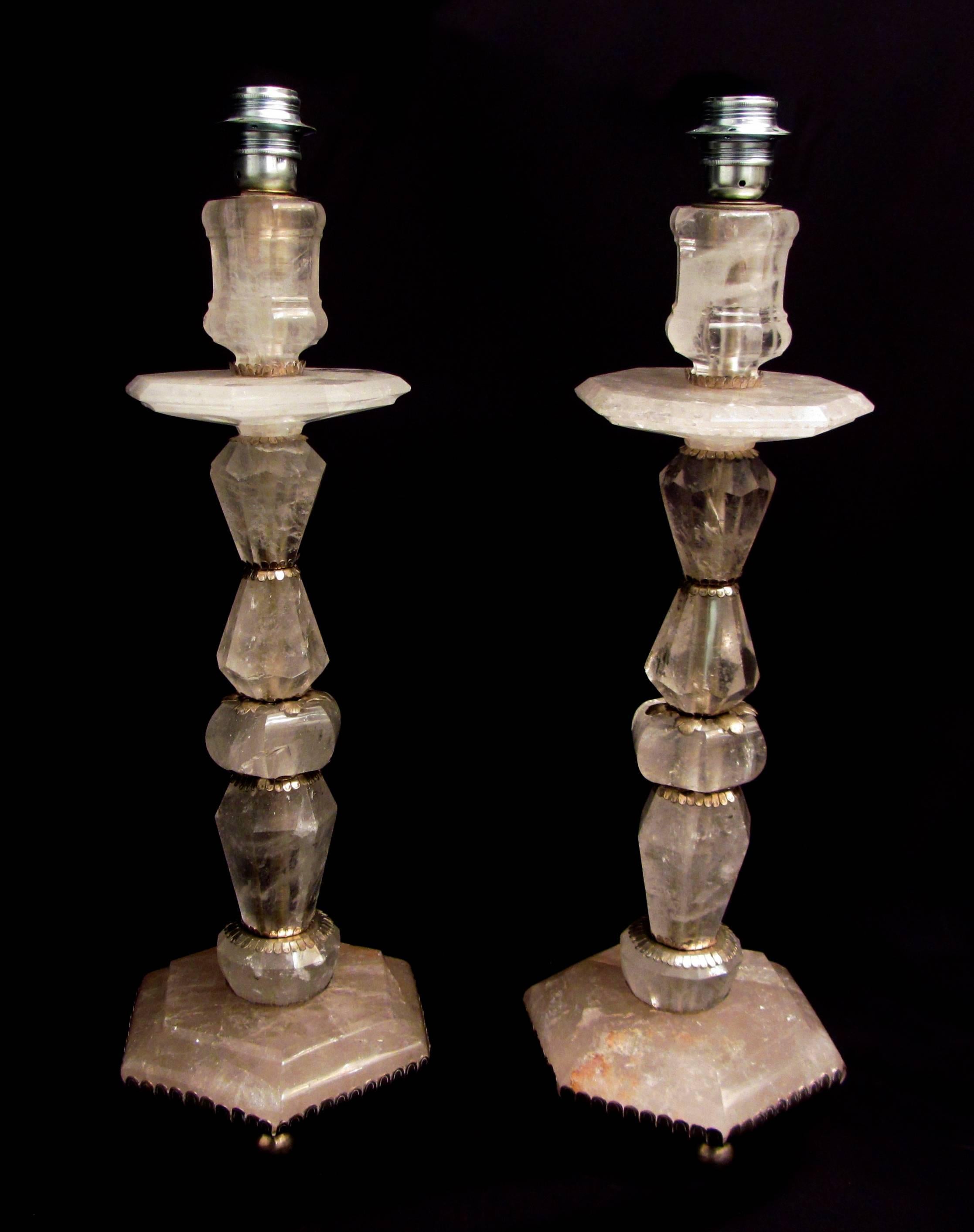 Carved Large Pair of Solid Rock Crystal Candlestick Lamps For Sale