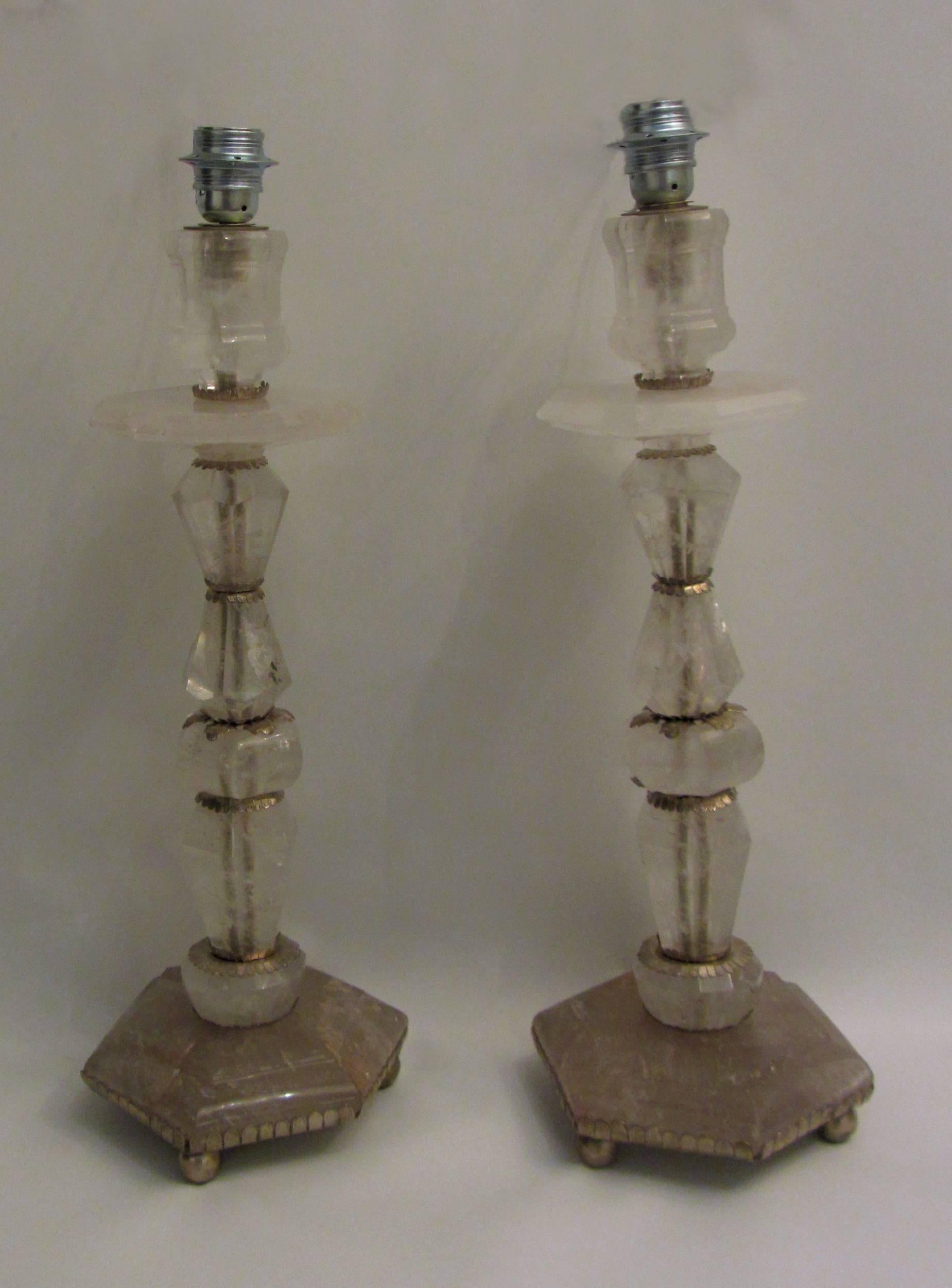 20th Century Large Pair of Solid Rock Crystal Candlestick Lamps For Sale